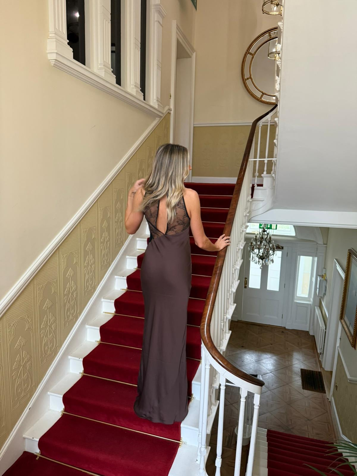 Rotate brown lace-detail maxi dress